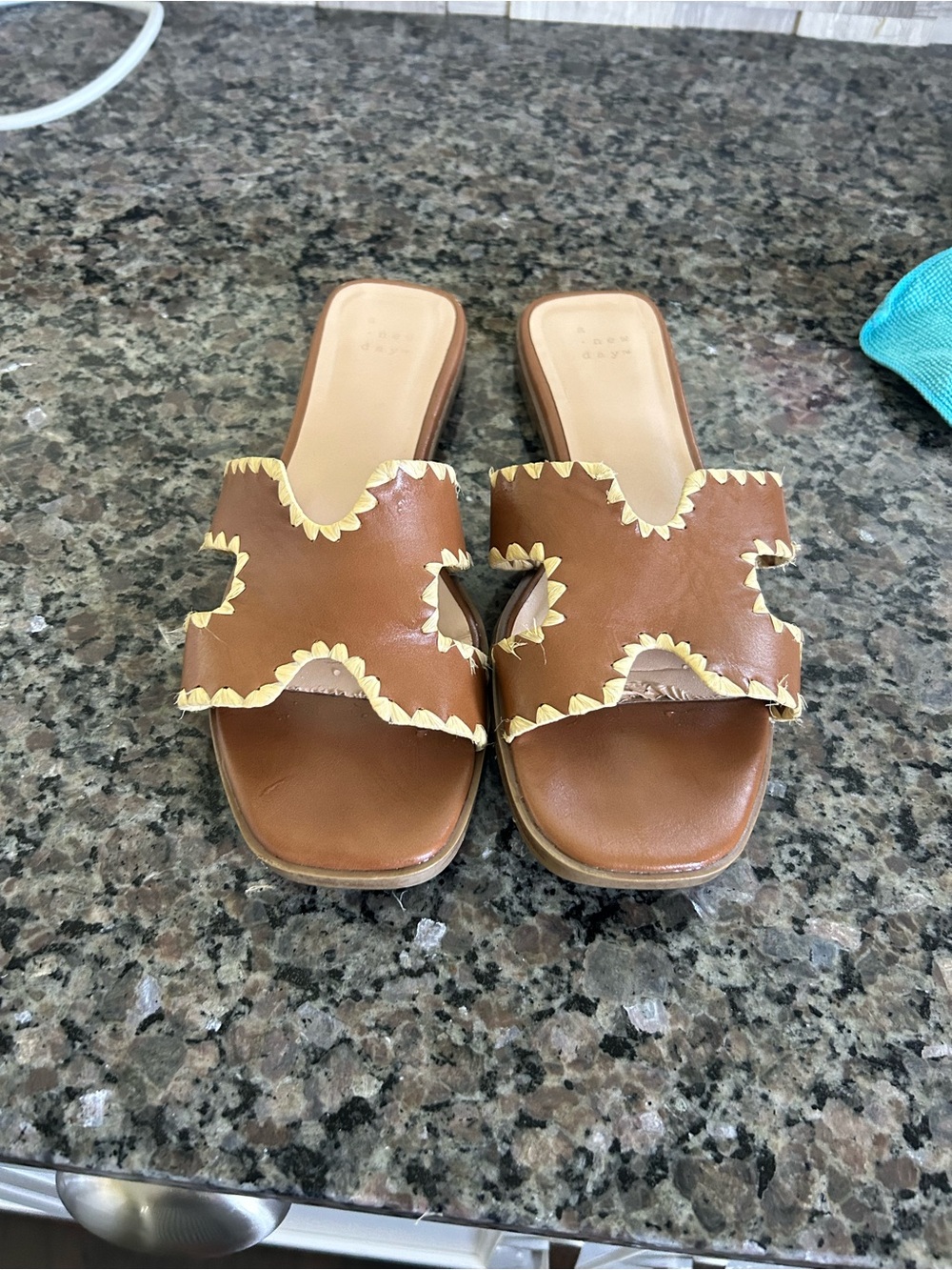 a new day Brown Slide Sandals with straw Trim